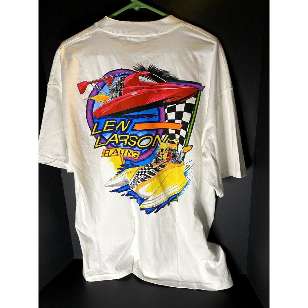 Vtg Lew Larson Racing White Graphic T-Shirt Mens XL Tee Y2K